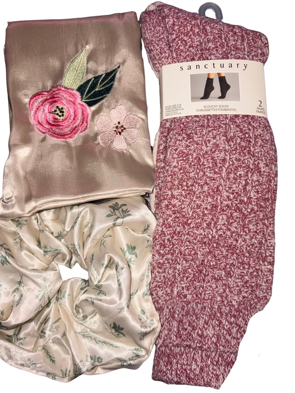 Sanctuary Pink Slouchy Socks + Queen Floral Satin Pillow Case & Satin Scrunchie